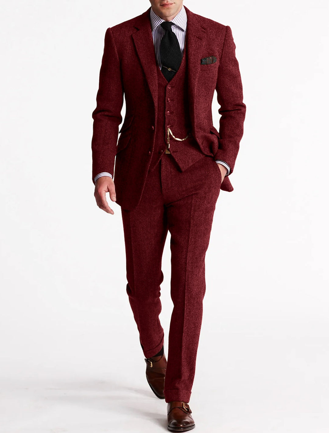 Sophisticated men's classic style formal suit. Three-piece set with vest chain, ideal for business & elegant events.