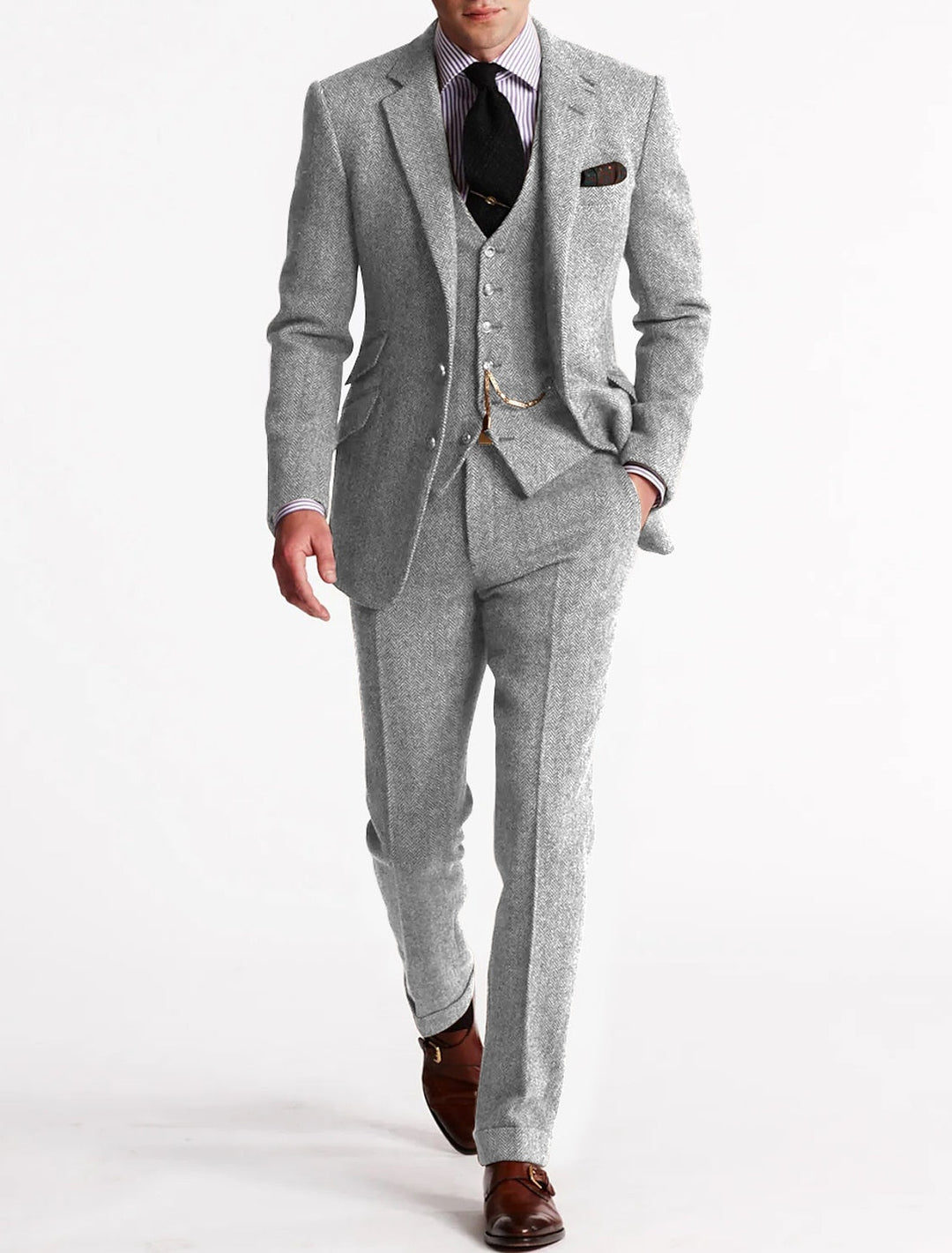 Stylish autumn/winter men's classic formal three-piece suit. Elegant vest, jacket & trousers for events.