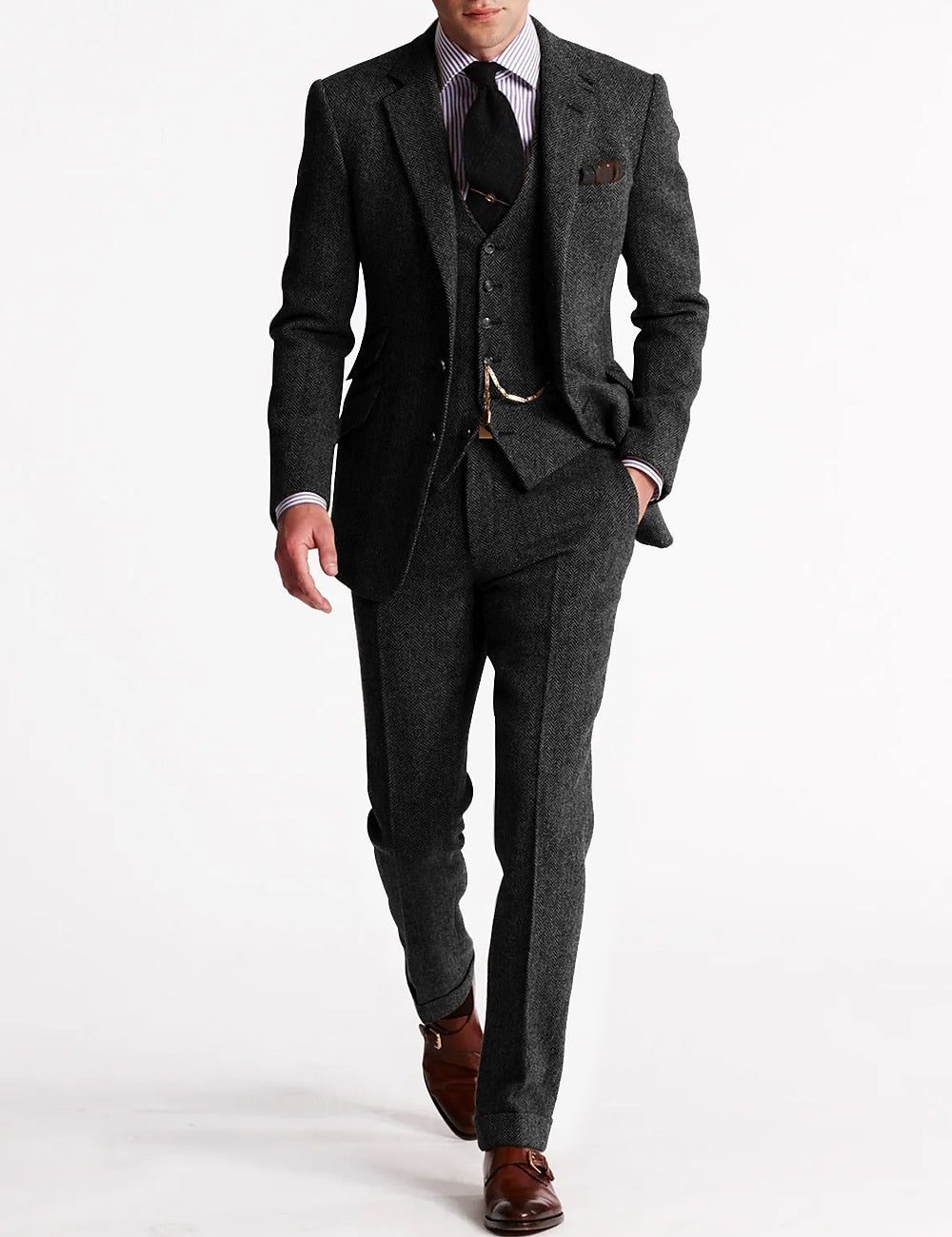 Men's classic three-piece formal suit featuring a refined vest and a decorative vest chain. Wedding & business attire.