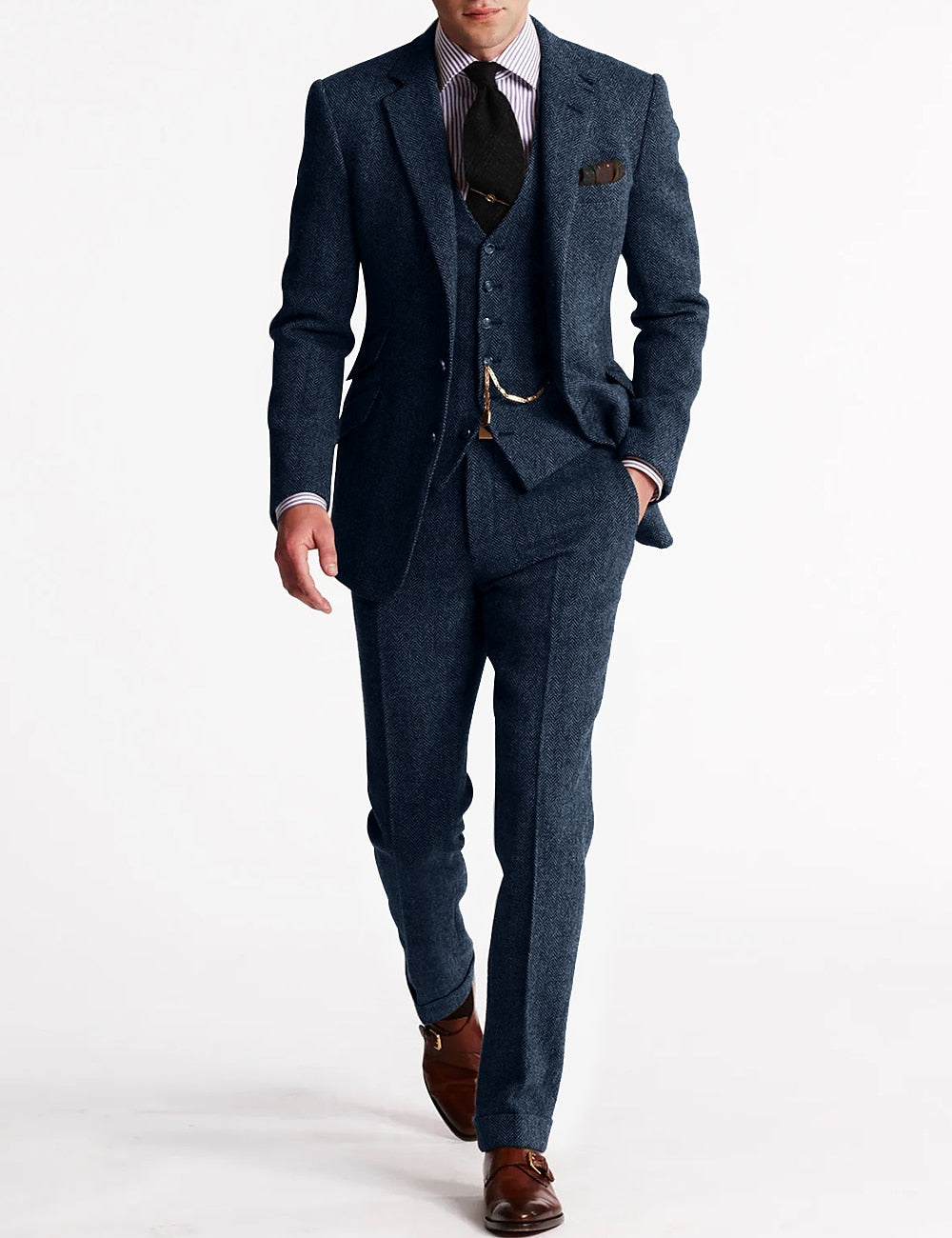 Men's formal three-piece suit, classic business style with vest chain. Elegant wedding attire & winter fashion.