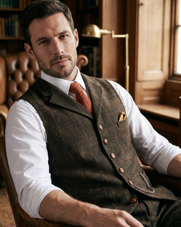 Men's formal tweed-style waistcoat. Classic gentleman's vest for sophisticated smart-casual or formal layering.