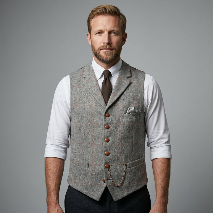 Refined men's charcoal waistcoat. Classic formal vest with button-front, ideal for sophisticated occasions.