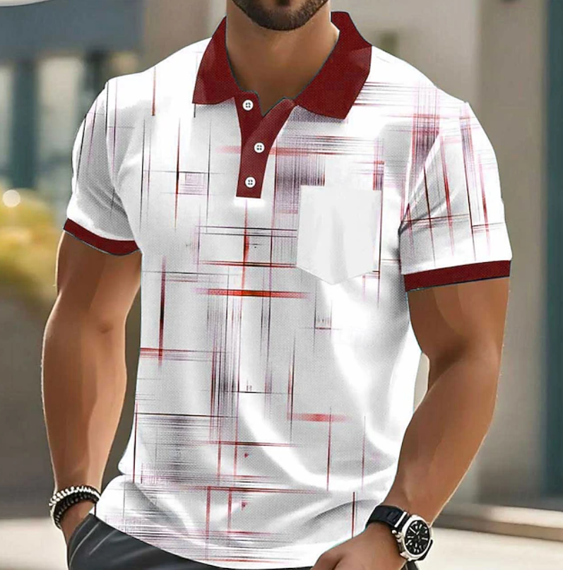 Men's long sleeve geometric button-up shirt in classic style. Modern pattern, ideal for smart casual or everyday fashion.