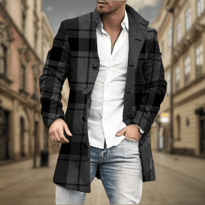 Stylish men's tailored longline coat in gray. Button-front winter outerwear for classic cold weather fashion.