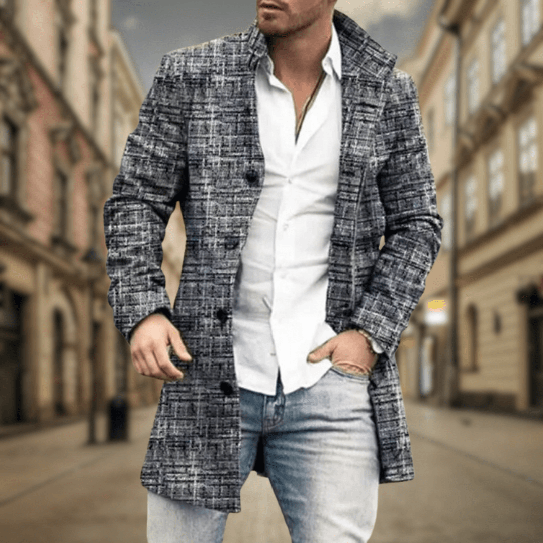 Classic men's button-front longline winter coat. Perfect tailored outerwear for cold weather and style.