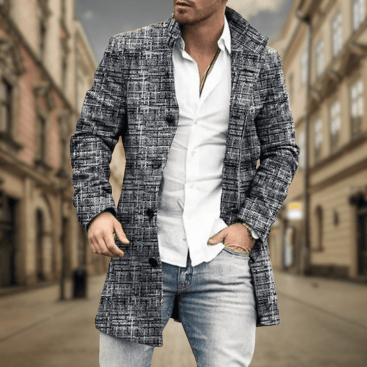 Classic men's button-front longline winter coat. Perfect tailored outerwear for cold weather and style.