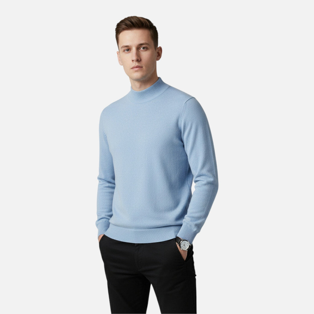 Comfortable men's half-turtleneck pullover sweater for warm, stylish autumn & winter wear.