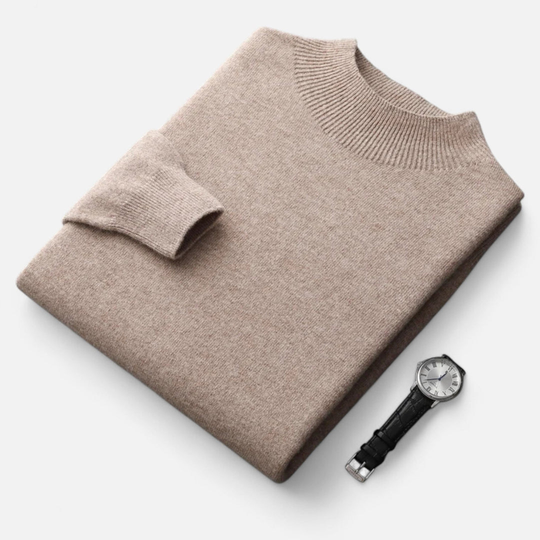 Close-up of men's refined half-turtleneck sweater. Soft knit pullover, ideal for stylish men's fashion.