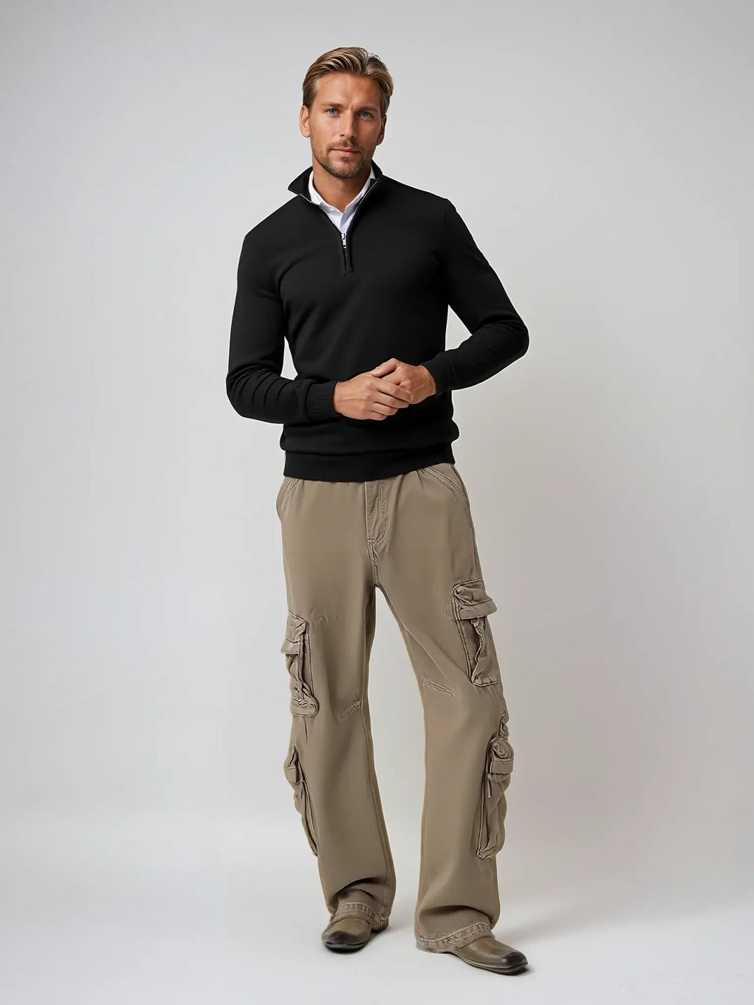 Versatile men's classic half-zip sweater. Ideal for casual wear, smart layering, & everyday comfort.