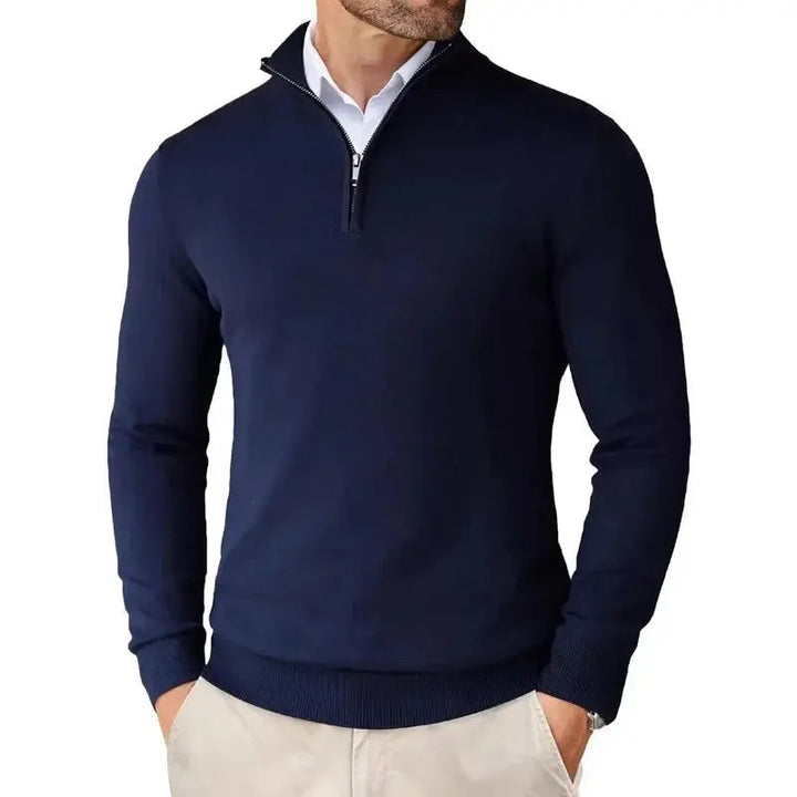 Men's classic half-zip sweater, showing collar detail. Versatile long sleeve top for smart casual fashion.