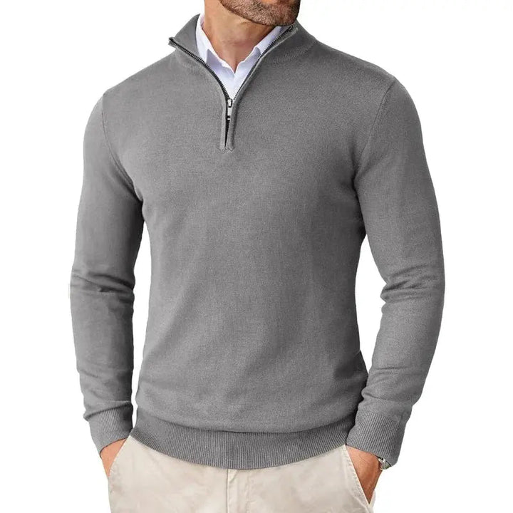 Classic men's half-zip pullover sweater, excellent layering piece for smart casual outfits & everyday comfort.