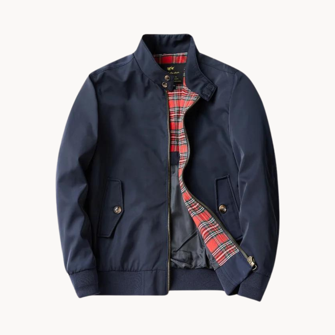 Men's classic Harrington jacket in navy with signature tartan lining, ideal for smart-casual spring/fall fashion.