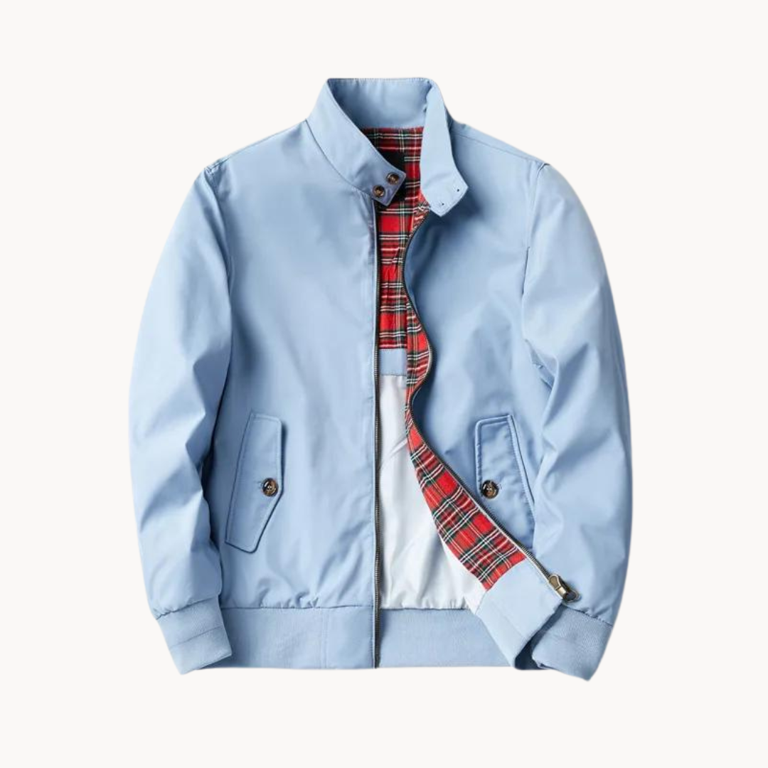 Lightweight men's casual Harrington jacket, durable outerwear with iconic tartan lining for everyday wear.