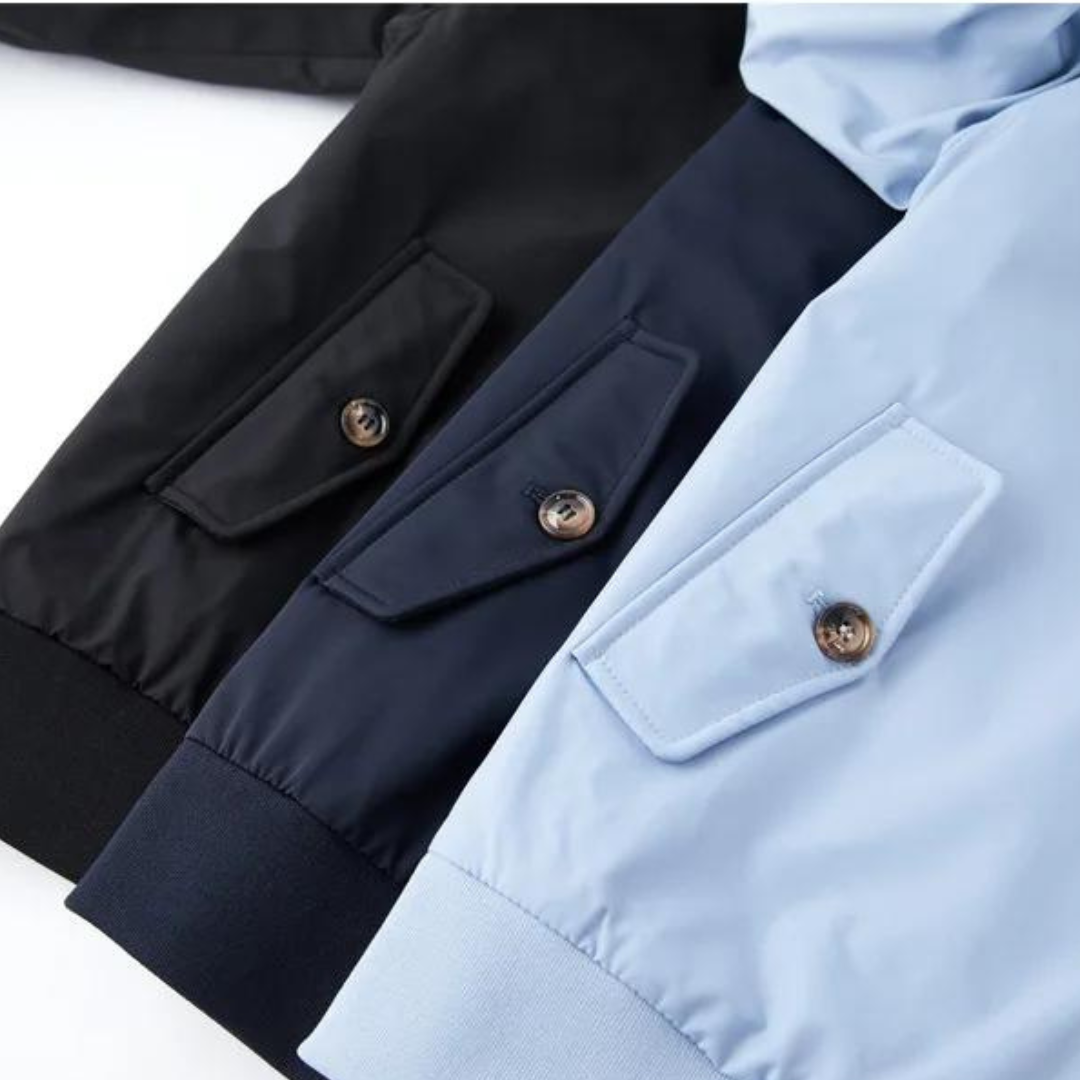 Navy men's Harrington jacket with an elegant tartan inner lining, blending classic and smart-casual style.