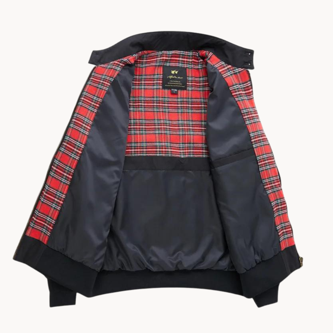 Men's zip-front Harrington jacket, a lightweight outerwear choice with a stylish tartan collar for casual outings.