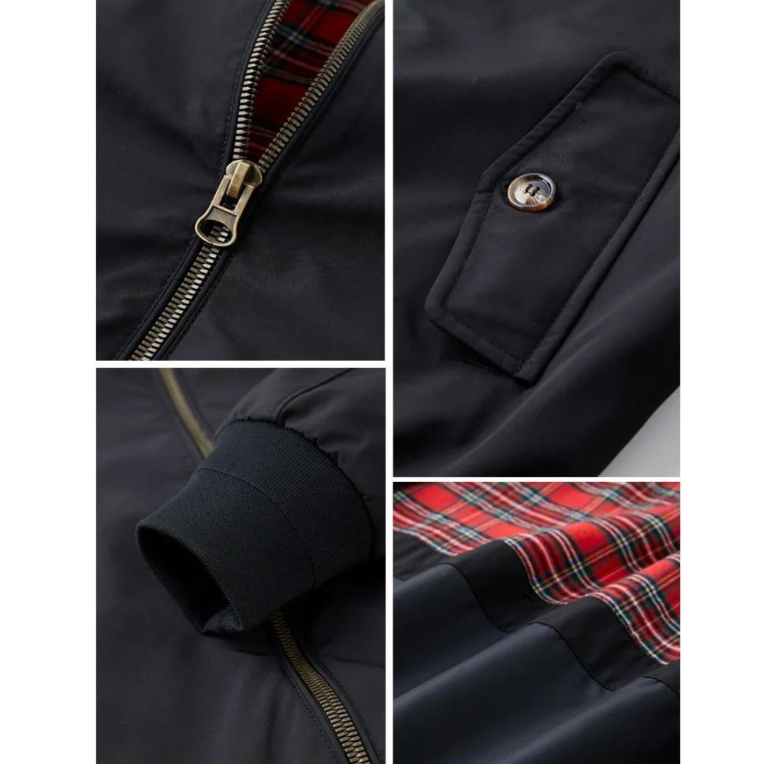 Men's classic Harrington zip jacket, essential outerwear with subtle tartan detail for versatile spring fashion.
