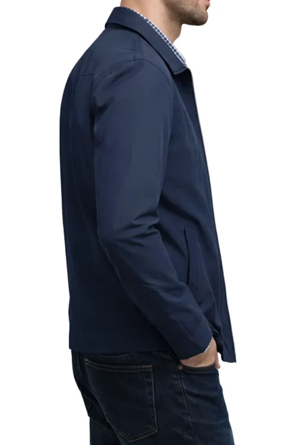 Classic zip-up Harrington jacket for men, designed with a stand collar, ribbed cuffs, and stylish plaid inner lining.