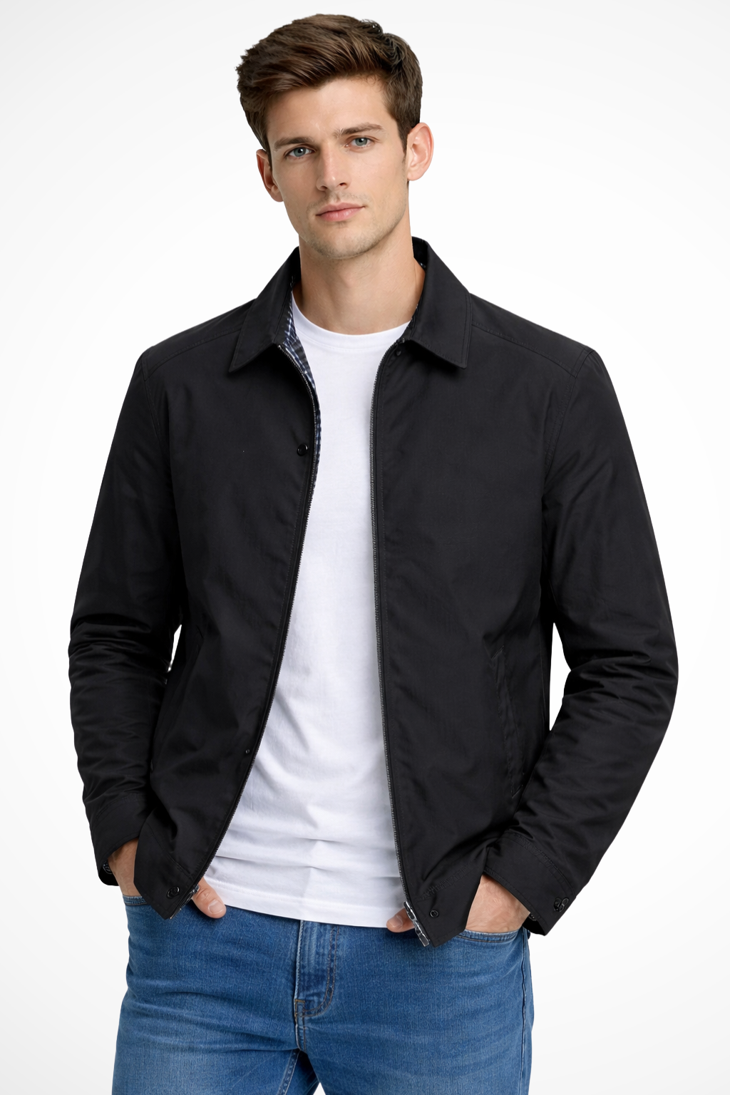 Durable men's casual Harrington jacket, comfortable everyday outerwear with a fashionable checkered interior for style.