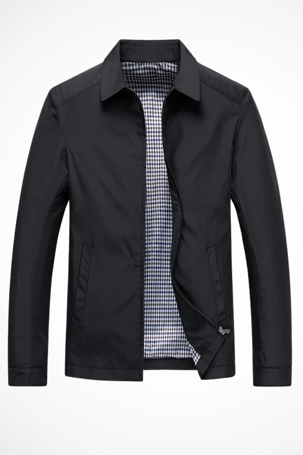 Men's smart casual outerwear: a versatile classic Harrington jacket with a distinctive check pattern lining detail.