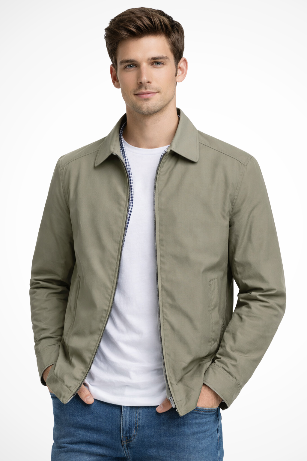 Close-up of men's Harrington jacket showcasing the stylish check lining, sturdy zipper, and ribbed hem.