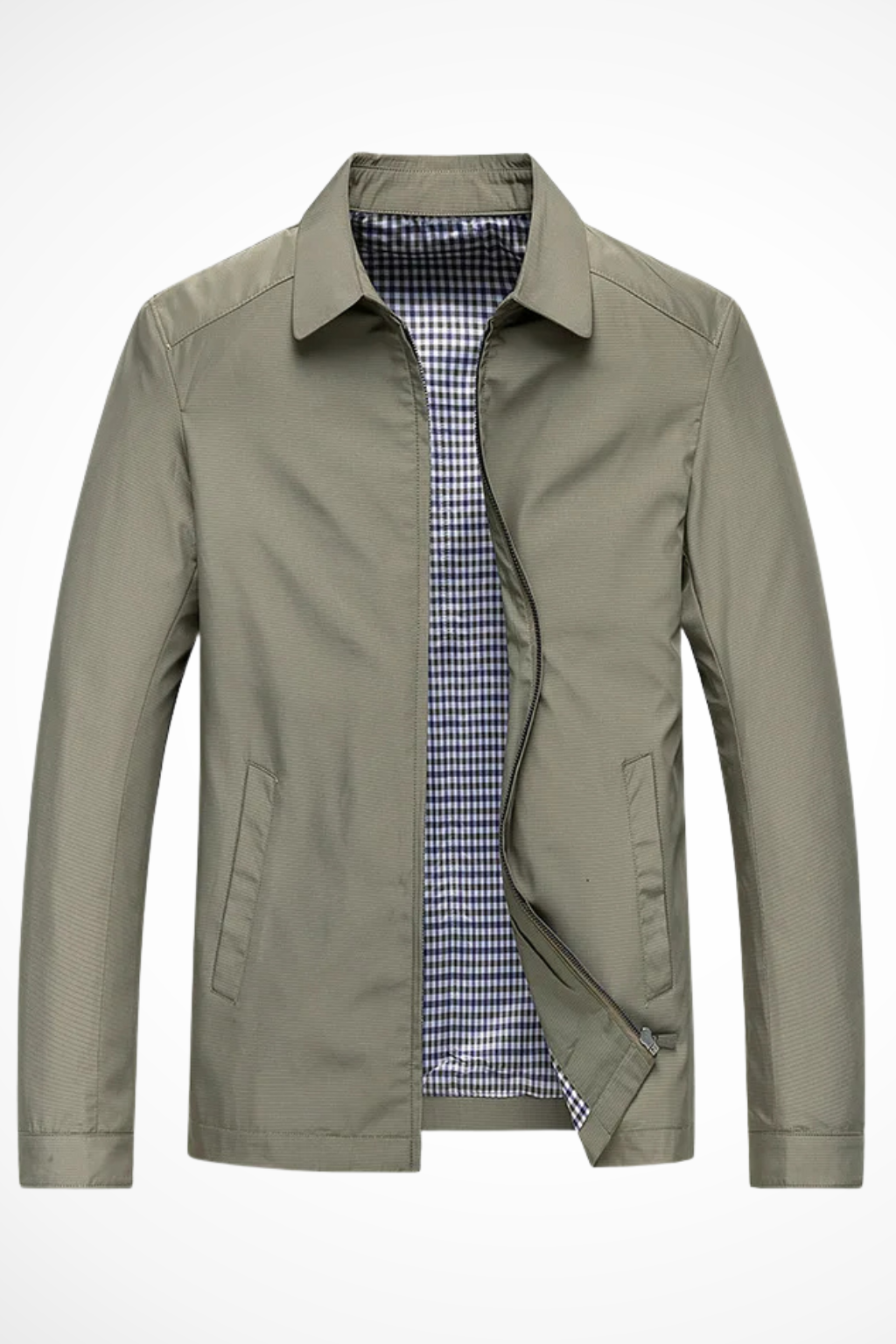 Versatile men's classic Harrington jacket, great for casual or smart-casual looks, highlighting the unique check lining.