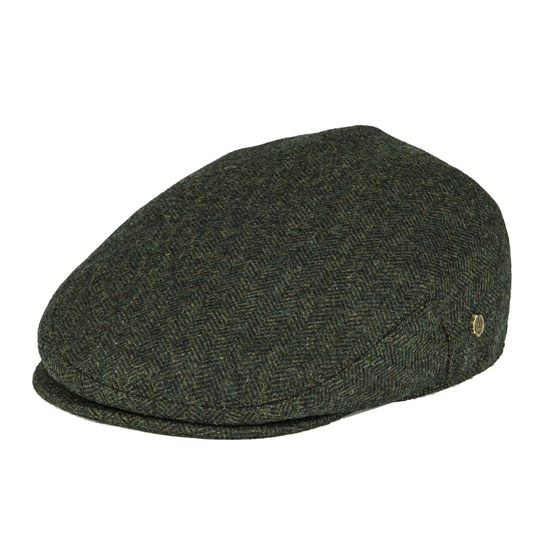 Gentlemen's gray herringbone flat cap, a sophisticated outdoor accessory.