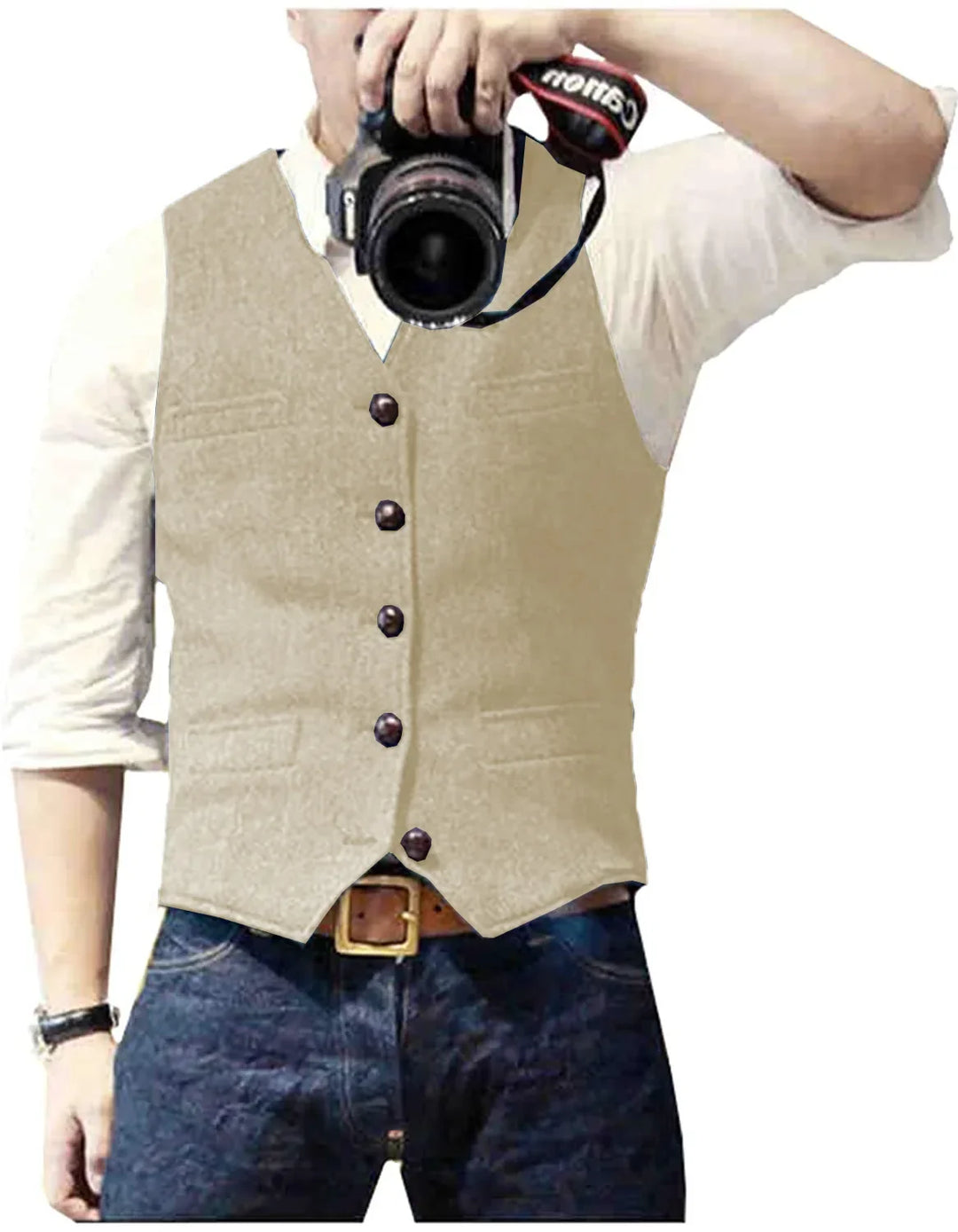 Side view of a man in a classic herringbone vest, showcasing its tailored fit and smart casual appeal.
