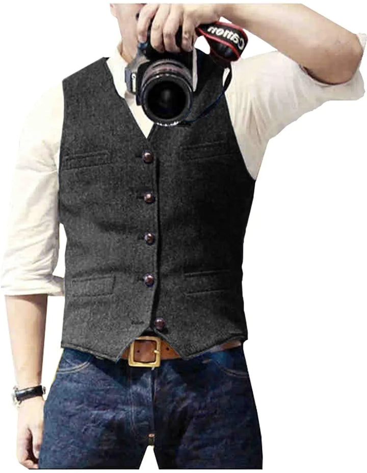 Grey herringbone men's waistcoat, a classic & versatile piece for a sharp, sophisticated outfit.