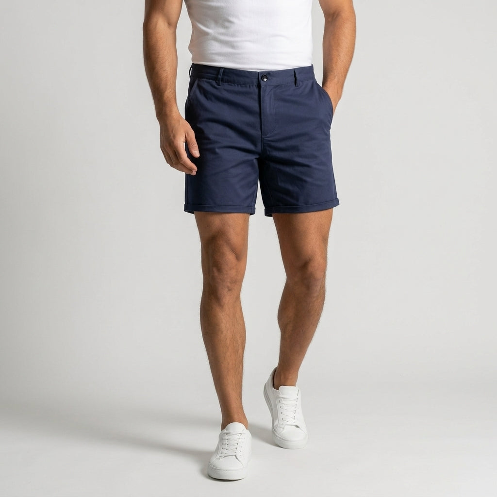 Men's straight fit chino shorts with button fly, zip closure, & side pockets. Ideal for warm weather.