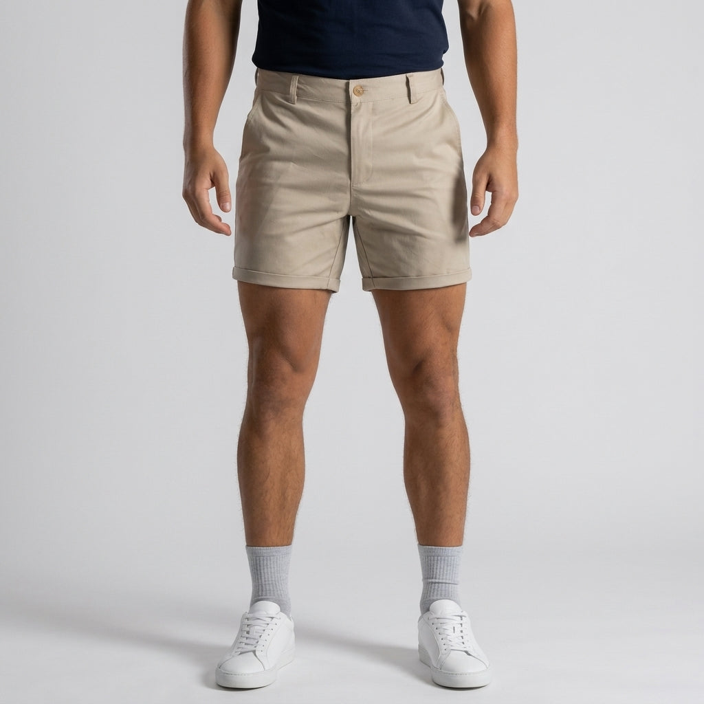 Comfortable men's classic chino shorts for warm days & effortless style. Perfect summer vacation wear.