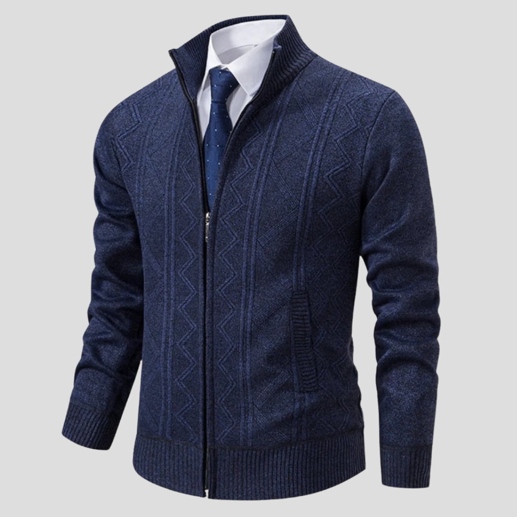 Stylish men's knitwear cardigan for fall/winter fashion. Versatile long sleeve layering piece, perfect for casual wear.