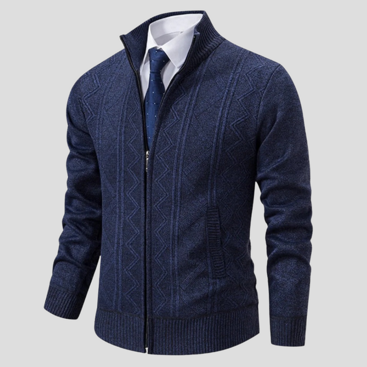 Stylish men's knitwear cardigan for fall/winter fashion. Versatile long sleeve layering piece, perfect for casual wear.