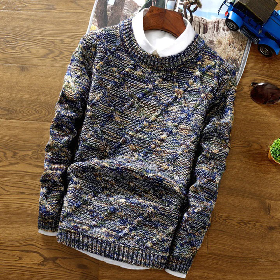 Long sleeve men's crew neck knitwear, ideal for winter fashion. Smart casual layering piece for men.