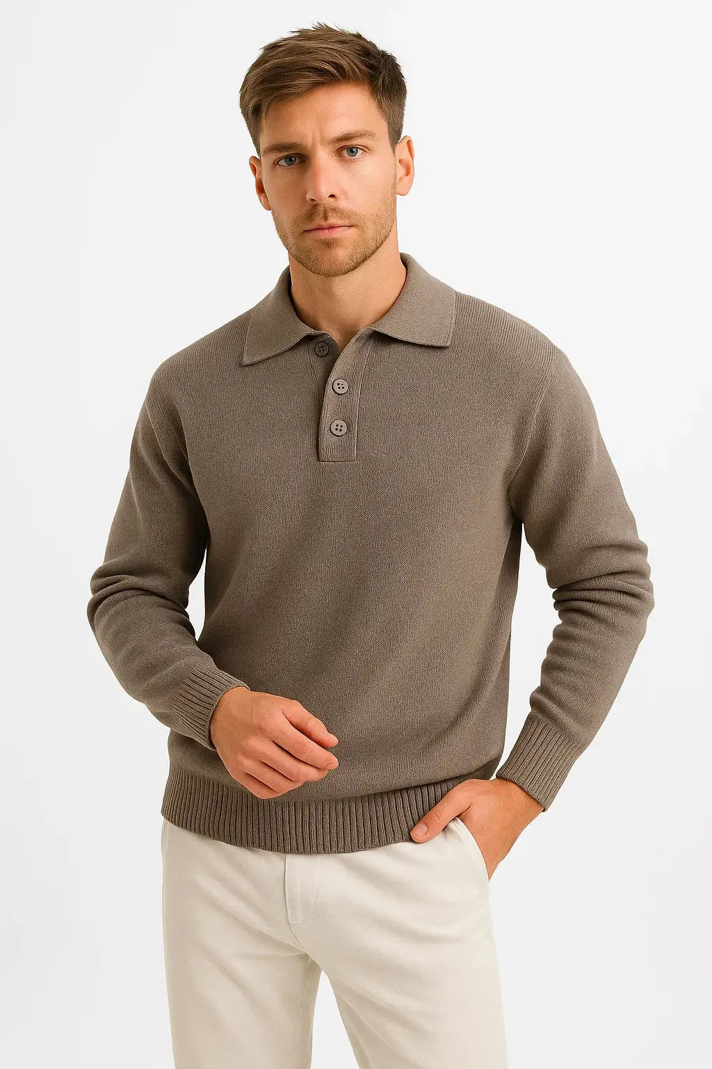 Men's classic knit polo sweater, a long-sleeve pullover with a structured collar, perfect for business casual.