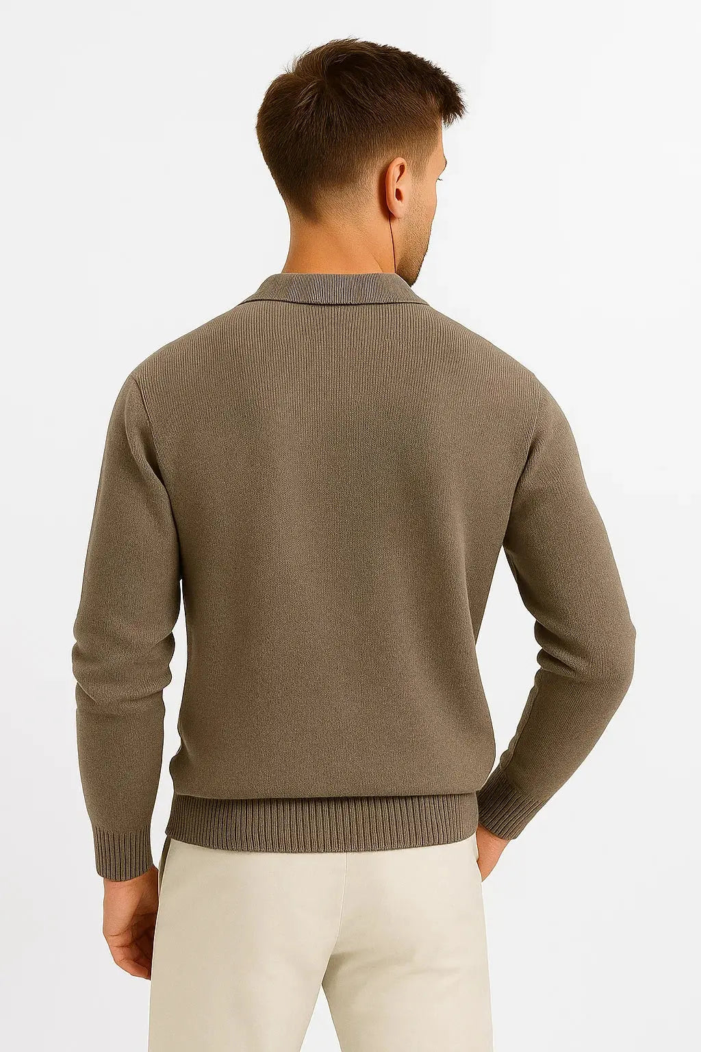 Versatile men's knit polo sweater with button closure, structured collar, and long sleeves for casual wear.
