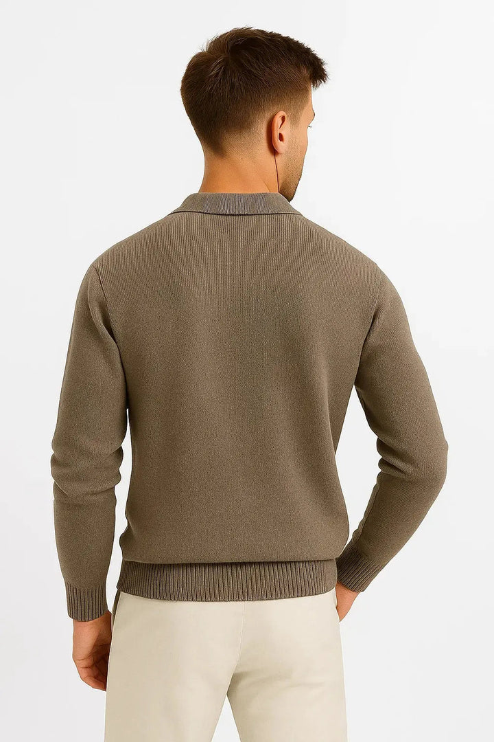 Versatile men's knit polo sweater with button closure, structured collar, and long sleeves for casual wear.