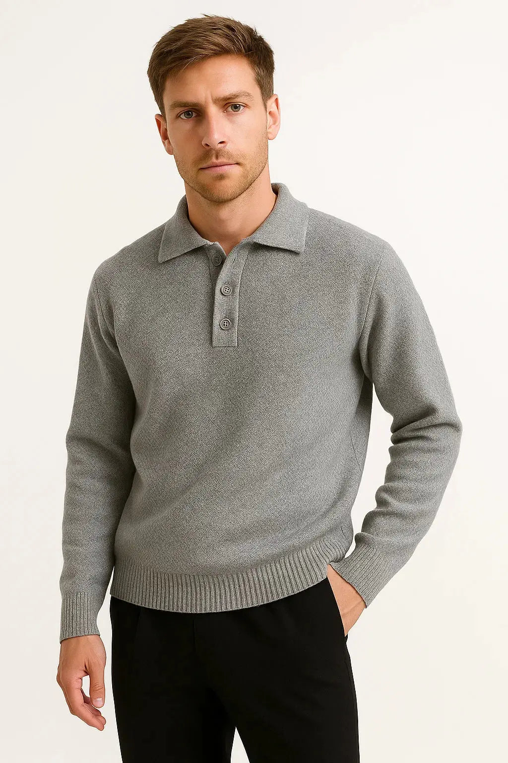 Stylish men's classic knit polo pullover, a long-sleeve sweater featuring a structured collar for modern fashion.