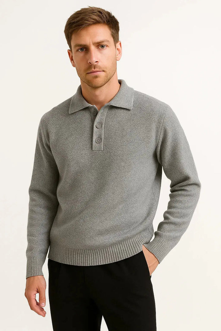 Stylish men's classic knit polo pullover, a long-sleeve sweater featuring a structured collar for modern fashion.