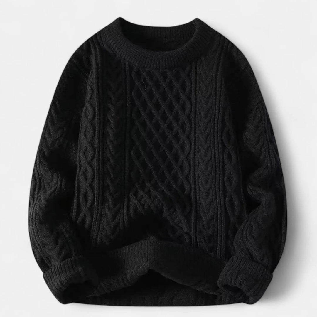 Versatile men's classic knit pullover sweater styled with casual trousers. Elegant long-sleeve top for sophisticated wear.