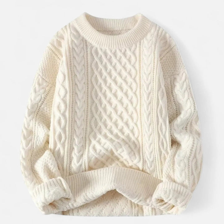 Back view of a sophisticated men's classic knit pullover sweater. Timeless design long-sleeve knit, perfect for layering.
