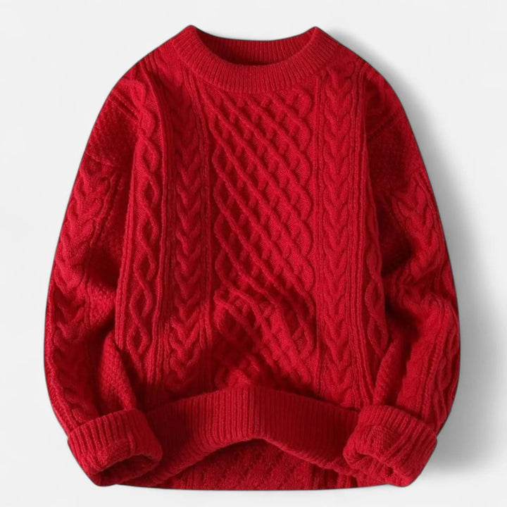 Men's classic knit pullover sweater from a side angle. Elegant long-sleeve top, ideal for refined & versatile styling.