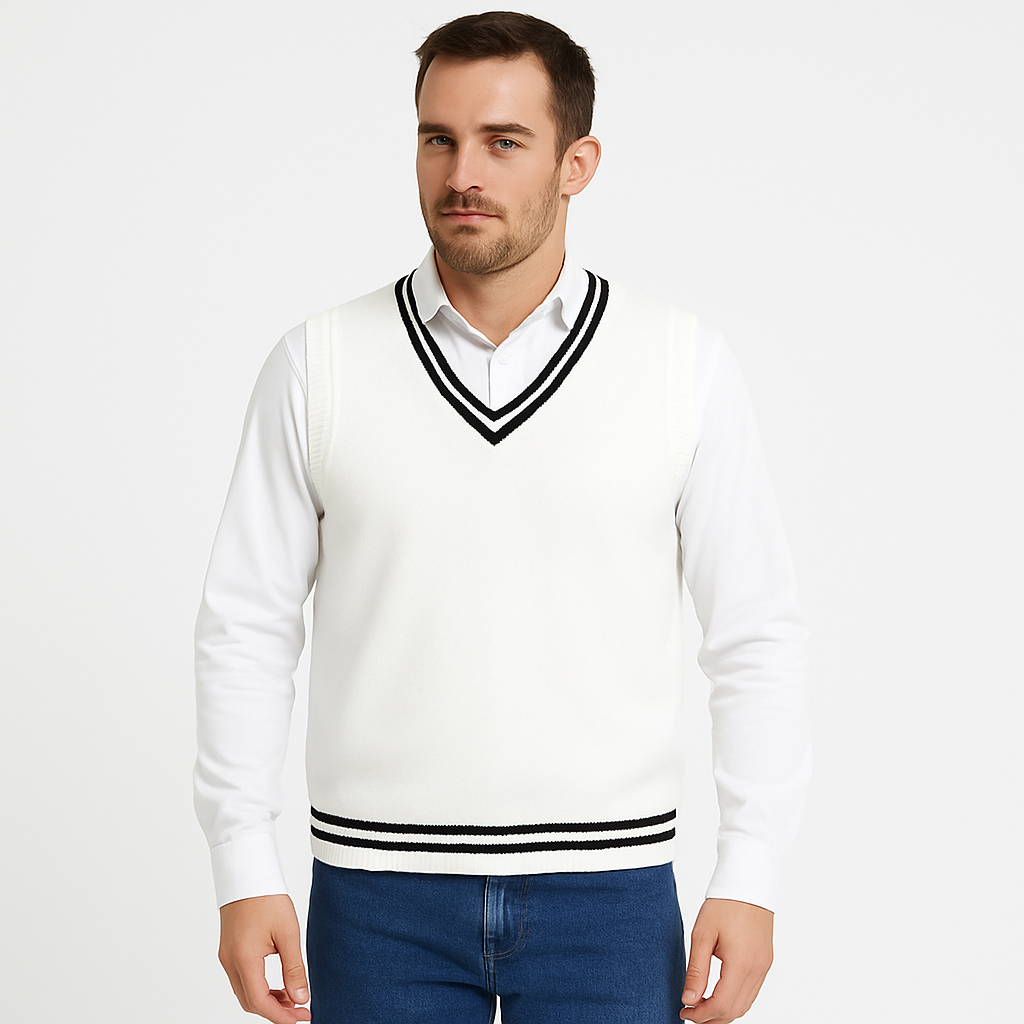 Men's classic knit vest for old money style. Timeless sleeveless sweater, perfect for elegant layering.