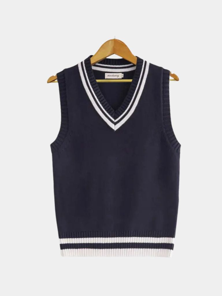 Men's knit sweater vest, a wardrobe staple. Classic sleeveless design for smart casual and old money style.