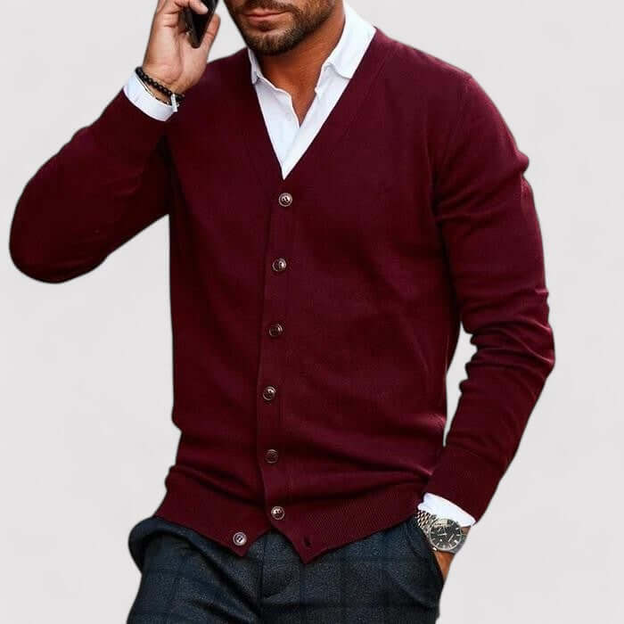 Men's classic knitted cardigan in a versatile dark shade, perfect for stylish autumn and winter layering.
