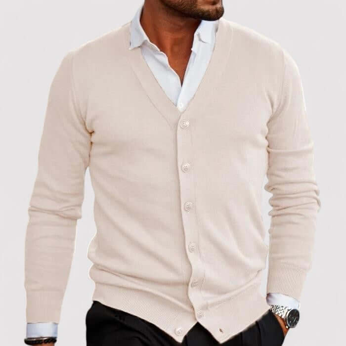 Stylish men's classic knitted cardigan with button-front closure, perfect for versatile autumn and winter layering.