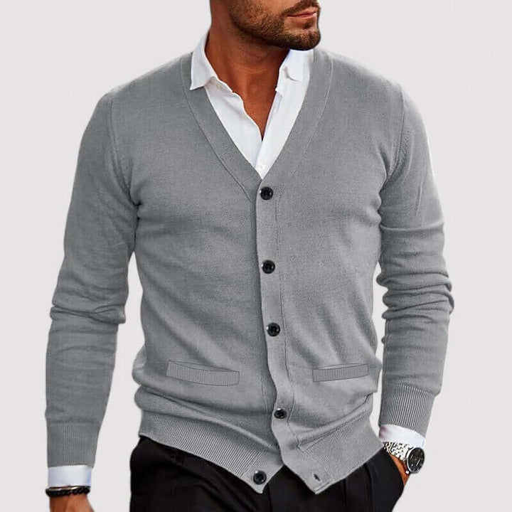 Warm men's knitted cardigan, excellent for stylish autumn & winter layering or as a comfortable casual sweater.