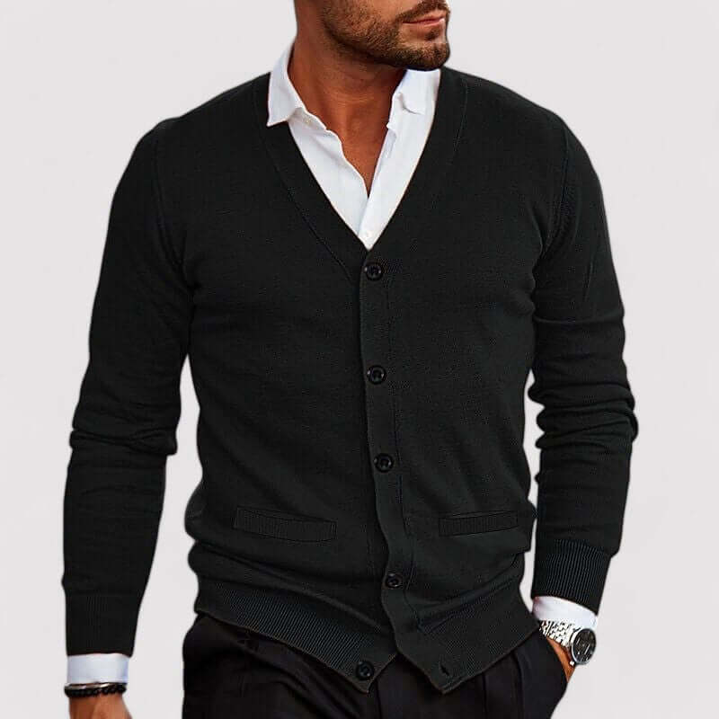 Classic men's knitted cardigan, a versatile and comfortable sweater for elegant autumn-winter casual layering.