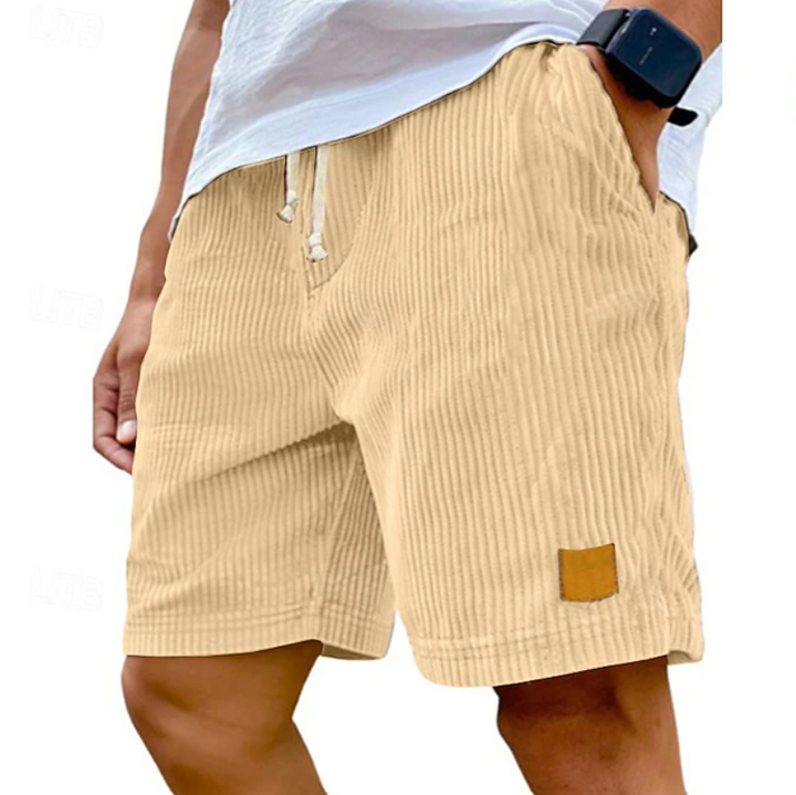 Men's classic lace-up casual summer shorts, comfortable textured beachwear.
