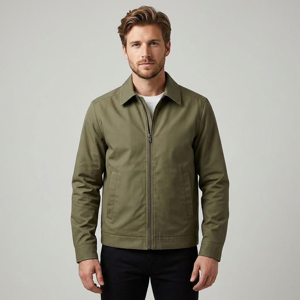 Back view of a sleek men's classic lightweight jacket with a subtle bomber style. Versatile smart casual outerwear.