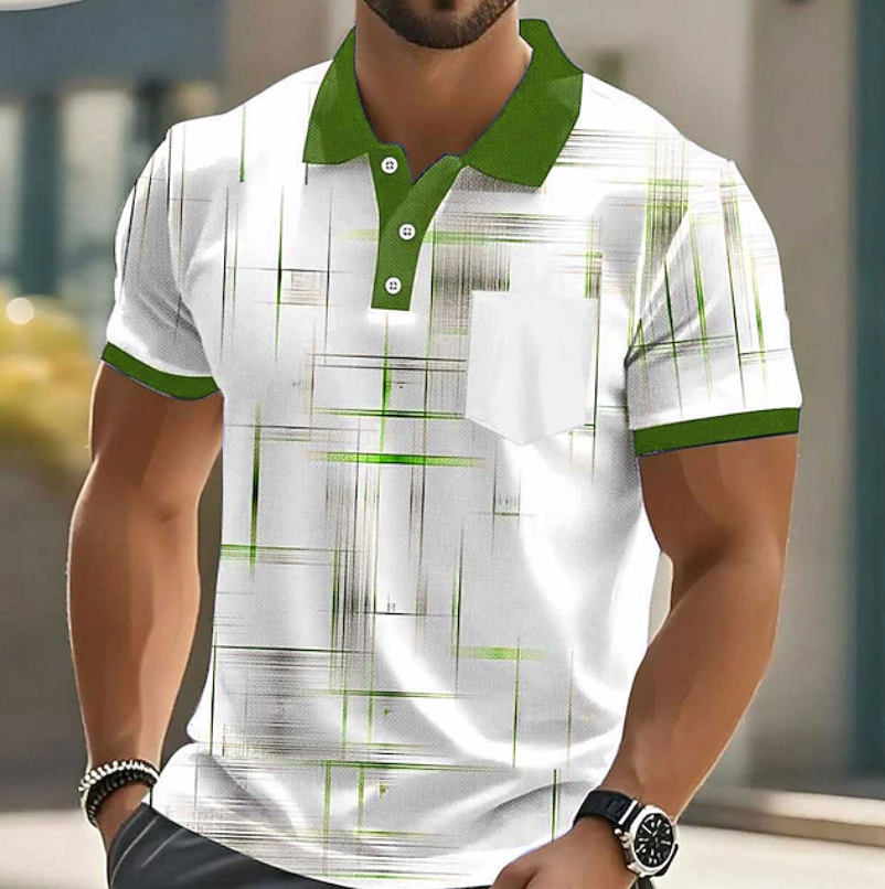 Classic men's fashion long-sleeve shirt, detailed with a contemporary geometric pattern, suitable for various occasions.